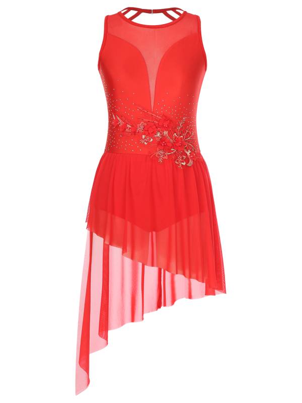 Women Sleeveless Crisscross Back Flower Adorned Asymmetric Lyrical Dance Dress thumb