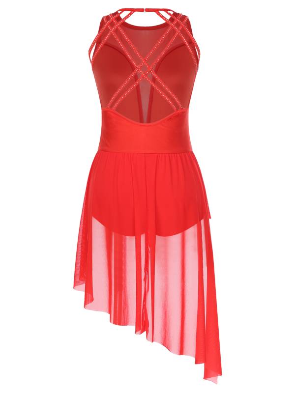 Women Sleeveless Crisscross Back Flower Adorned Asymmetric Lyrical Dance Dress thumb