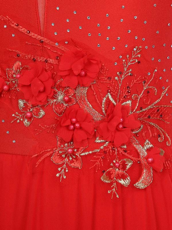 Women Sleeveless Crisscross Back Flower Adorned Asymmetric Lyrical Dance Dress thumb