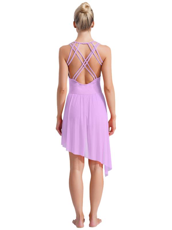 Women Sleeveless Crisscross Back Flower Adorned Asymmetric Lyrical Dance Dress thumb