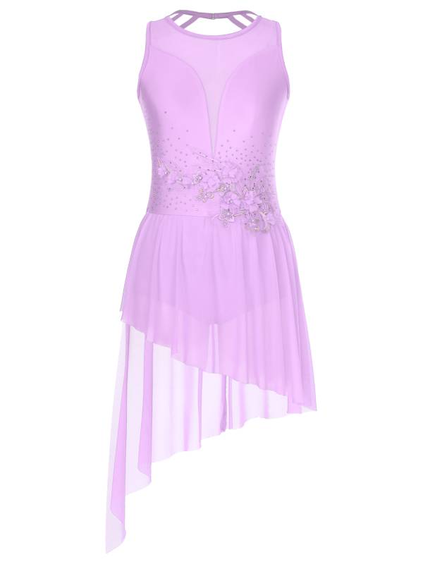 Women Sleeveless Crisscross Back Flower Adorned Asymmetric Lyrical Dance Dress thumb