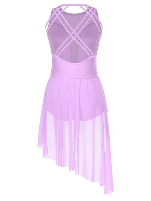 Women Sleeveless Crisscross Back Flower Adorned Asymmetric Lyrical Dance Dress thumb