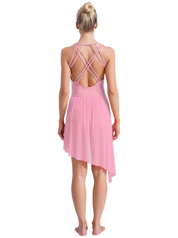 Women Sleeveless Crisscross Back Flower Adorned Asymmetric Lyrical Dance Dress thumb