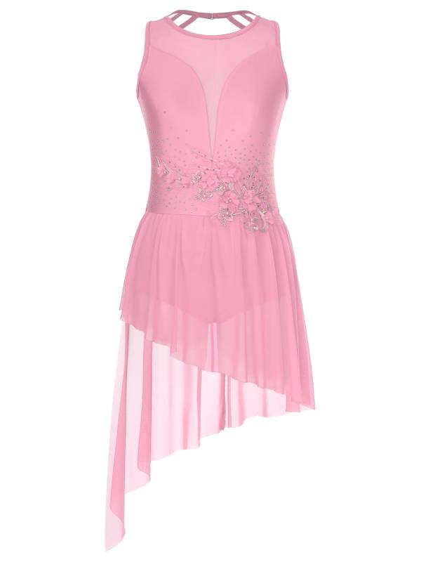 Women Sleeveless Crisscross Back Flower Adorned Asymmetric Lyrical Dance Dress thumb