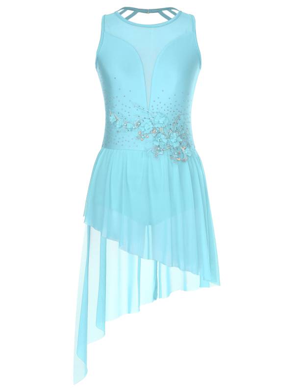 Women Sleeveless Crisscross Back Flower Adorned Asymmetric Lyrical Dance Dress thumb
