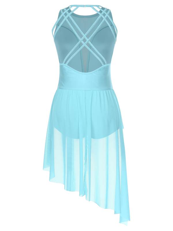 Women Sleeveless Crisscross Back Flower Adorned Asymmetric Lyrical Dance Dress thumb