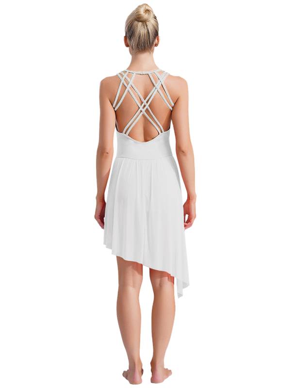 Women Sleeveless Crisscross Back Flower Adorned Asymmetric Lyrical Dance Dress thumb