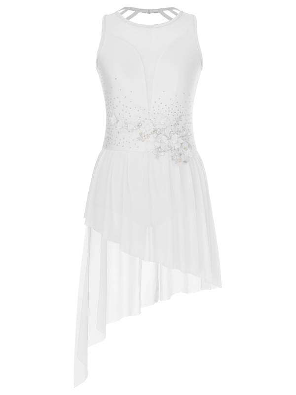 Women Sleeveless Crisscross Back Flower Adorned Asymmetric Lyrical Dance Dress thumb