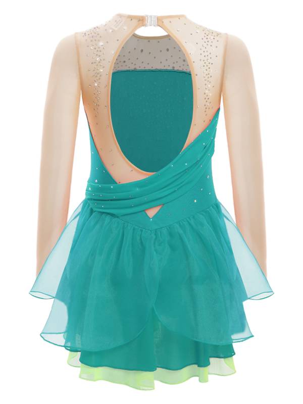 Kids Girls Long Sleeves Glittery Rhinestones Lyrical Dance Leotard Dress thumb