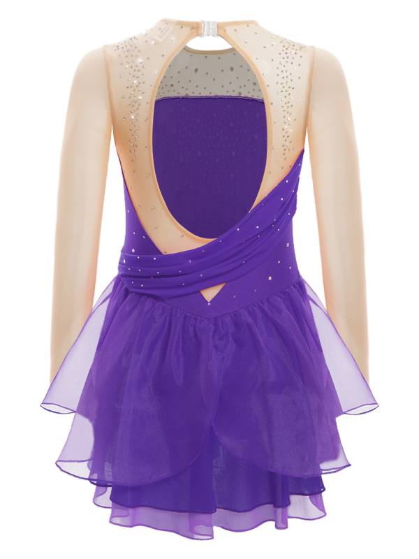 Kids Girls Long Sleeves Glittery Rhinestones Lyrical Dance Leotard Dress thumb