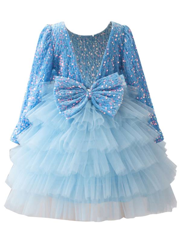 Toddler Girls Long Sleeve Sequin V-back Bowknot Mesh Tutu Dress thumb
