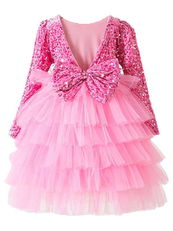 Toddler Girls Long Sleeve Sequin V-back Bowknot Mesh Tutu Dress thumb