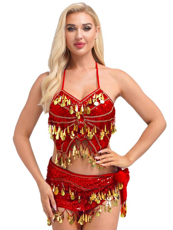 Women Belly Dance Outfit Sequins Camisole Top and Plastic Beads Tassels Skirt thumb
