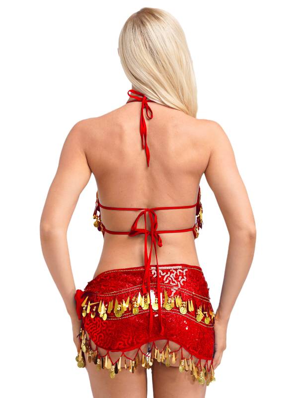 Women Belly Dance Outfit Sequins Camisole Top and Plastic Beads Tassels Skirt thumb