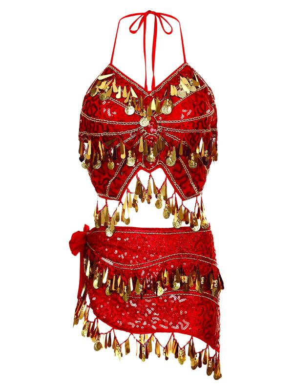 Women Belly Dance Outfit Sequins Camisole Top and Plastic Beads Tassels Skirt thumb