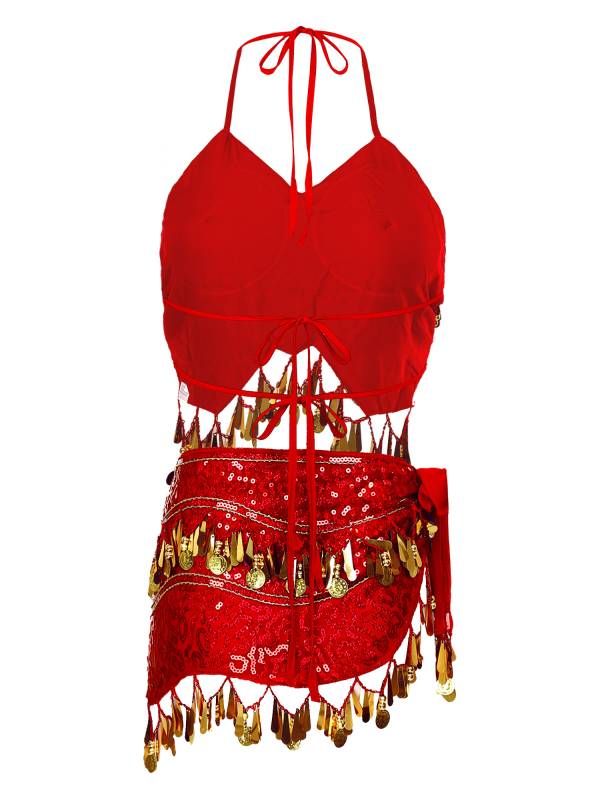 Women Belly Dance Outfit Sequins Camisole Top and Plastic Beads Tassels Skirt thumb