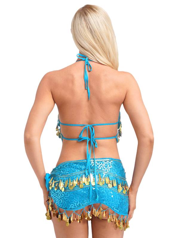 Women Belly Dance Outfit Sequins Camisole Top and Plastic Beads Tassels Skirt thumb