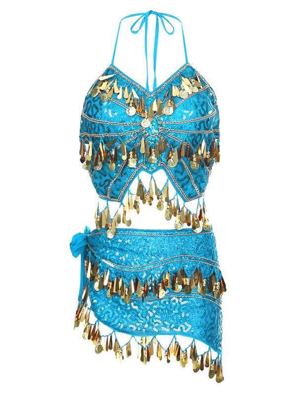 Women Belly Dance Outfit Sequins Camisole Top and Plastic Beads Tassels Skirt thumb