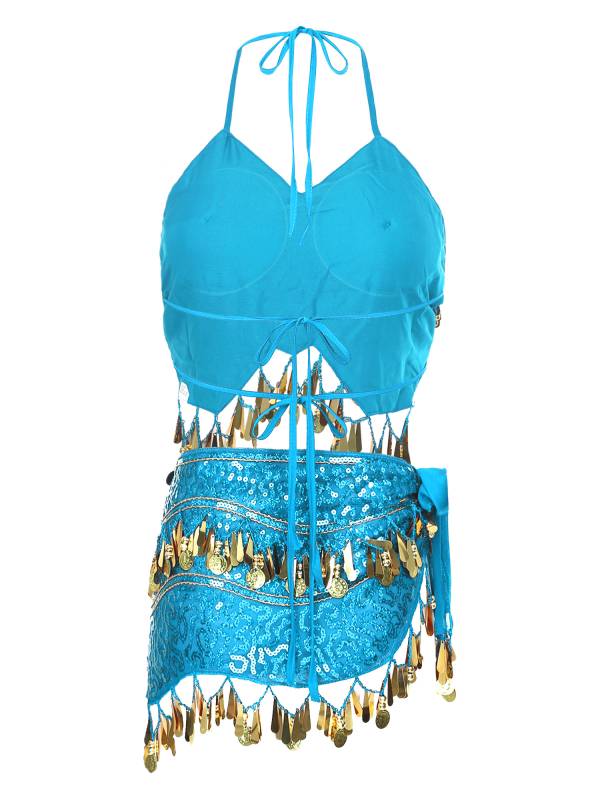 Women Belly Dance Outfit Sequins Camisole Top and Plastic Beads Tassels Skirt thumb