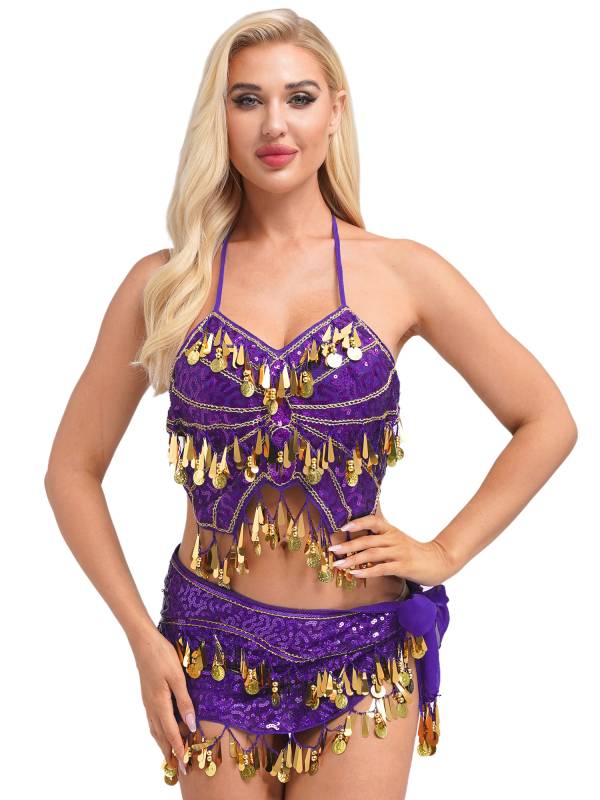 Women Belly Dance Outfit Sequins Camisole Top and Plastic Beads Tassels Skirt thumb