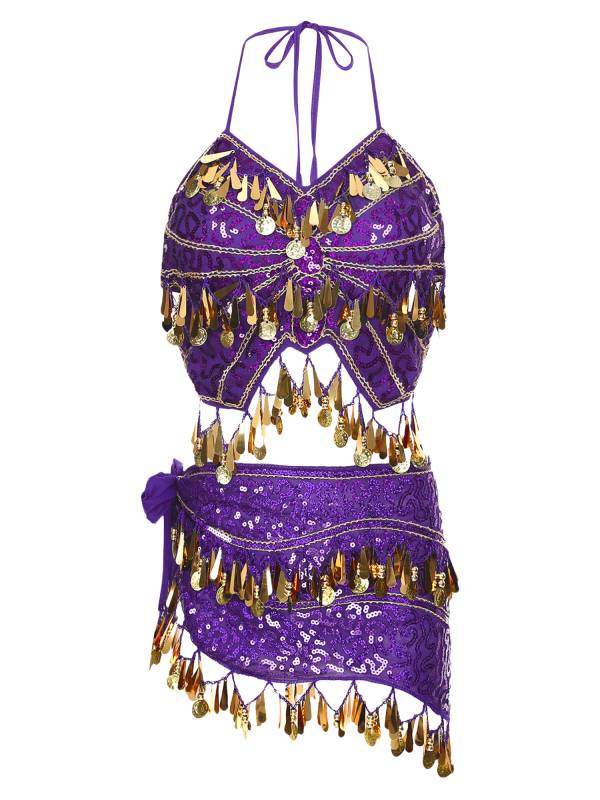Women Belly Dance Outfit Sequins Camisole Top and Plastic Beads Tassels Skirt thumb