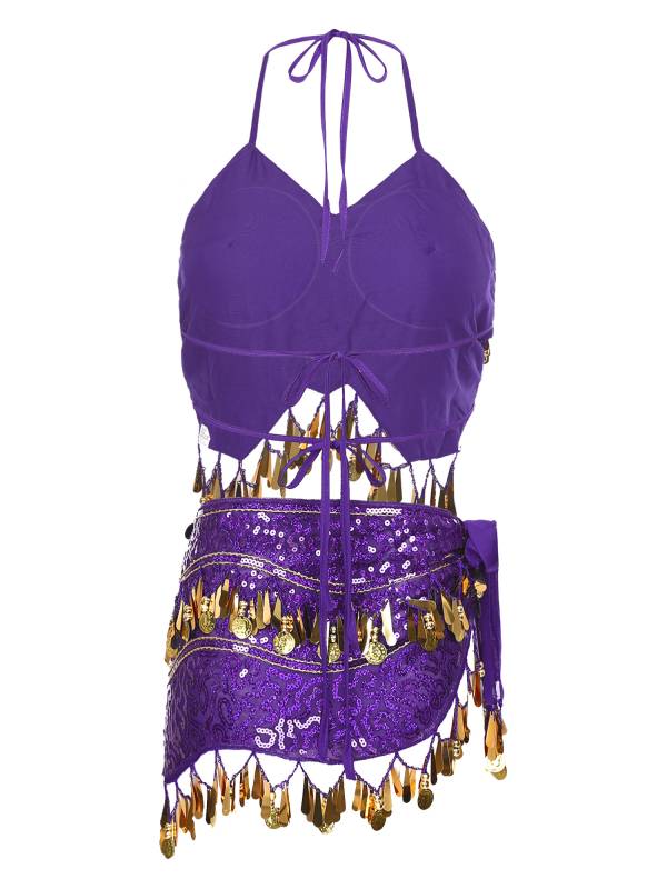 Women Belly Dance Outfit Sequins Camisole Top and Plastic Beads Tassels Skirt thumb