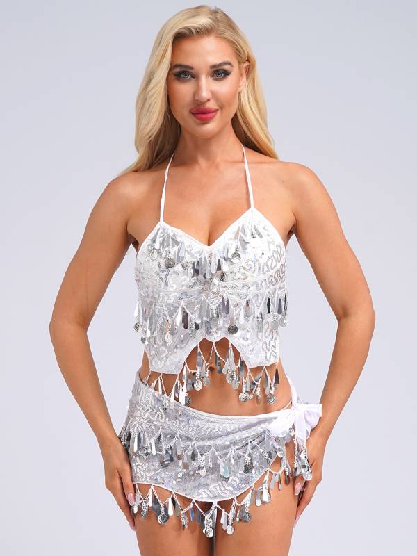 Women Belly Dance Outfit Sequins Camisole Top and Plastic Beads Tassels Skirt thumb