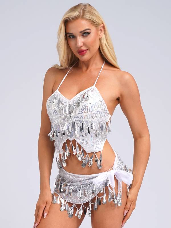 Women Belly Dance Outfit Sequins Camisole Top and Plastic Beads Tassels Skirt thumb