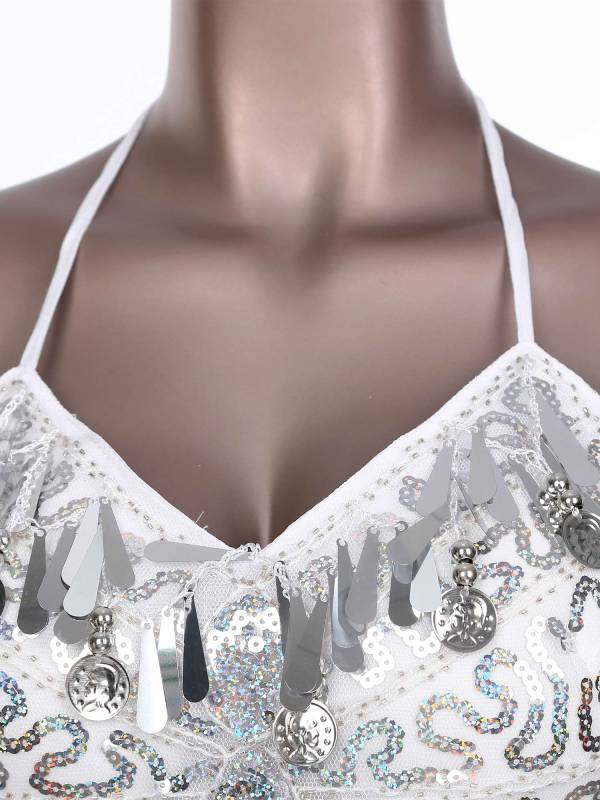Women Belly Dance Outfit Sequins Camisole Top and Plastic Beads Tassels Skirt thumb