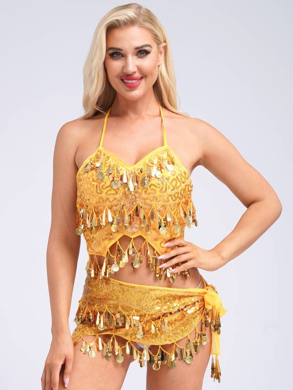 Women Belly Dance Outfit Sequins Camisole Top and Plastic Beads Tassels Skirt thumb