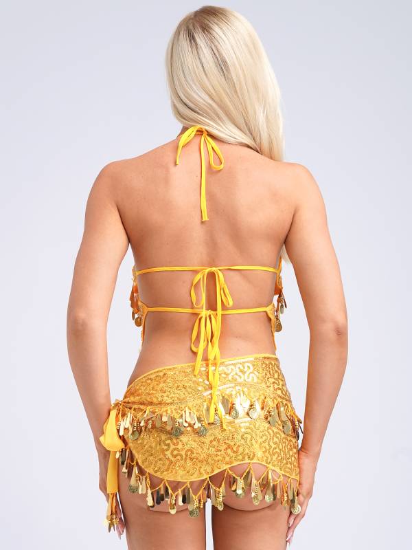 Women Belly Dance Outfit Sequins Camisole Top and Plastic Beads Tassels Skirt thumb