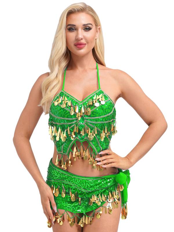 Women Belly Dance Outfit Sequins Camisole Top and Plastic Beads Tassels Skirt thumb