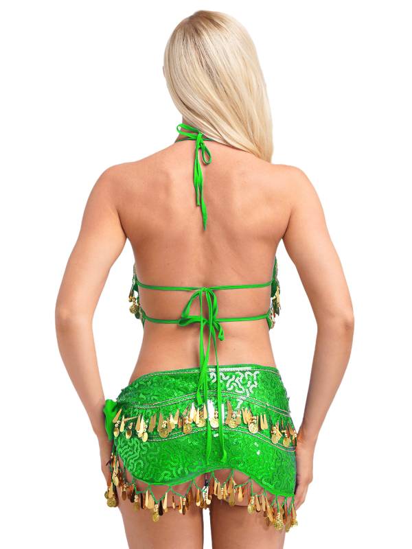 Women Belly Dance Outfit Sequins Camisole Top and Plastic Beads Tassels Skirt thumb