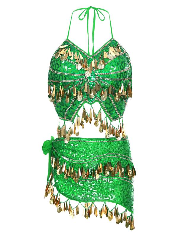 Women Belly Dance Outfit Sequins Camisole Top and Plastic Beads Tassels Skirt thumb