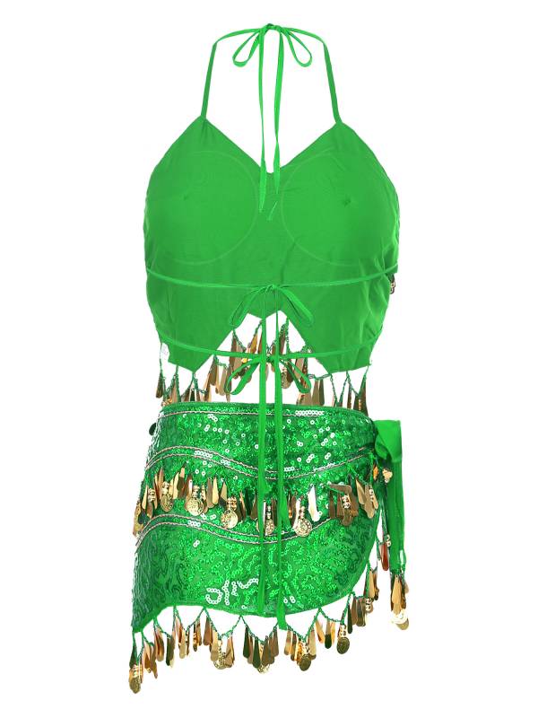Women Belly Dance Outfit Sequins Camisole Top and Plastic Beads Tassels Skirt thumb