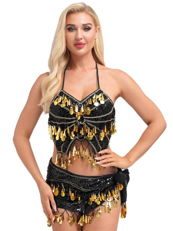 Women Belly Dance Outfit Sequins Camisole Top and Plastic Beads Tassels Skirt thumb