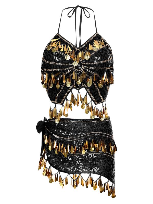 Women Belly Dance Outfit Sequins Camisole Top and Plastic Beads Tassels Skirt thumb