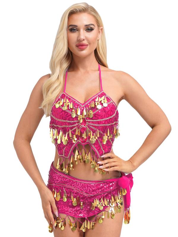 Women Belly Dance Outfit Sequins Camisole Top and Plastic Beads Tassels Skirt thumb