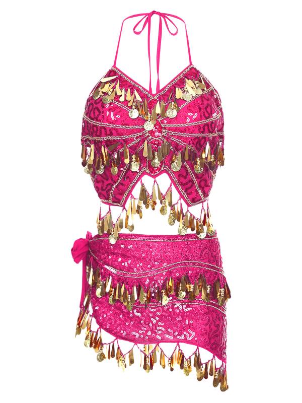 Women Belly Dance Outfit Sequins Camisole Top and Plastic Beads Tassels Skirt thumb