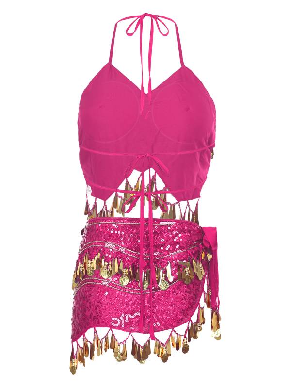 Women Belly Dance Outfit Sequins Camisole Top and Plastic Beads Tassels Skirt thumb