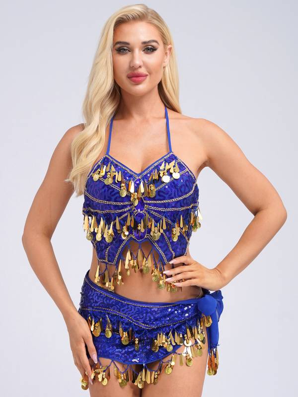 Women Belly Dance Outfit Sequins Camisole Top and Plastic Beads Tassels Skirt thumb