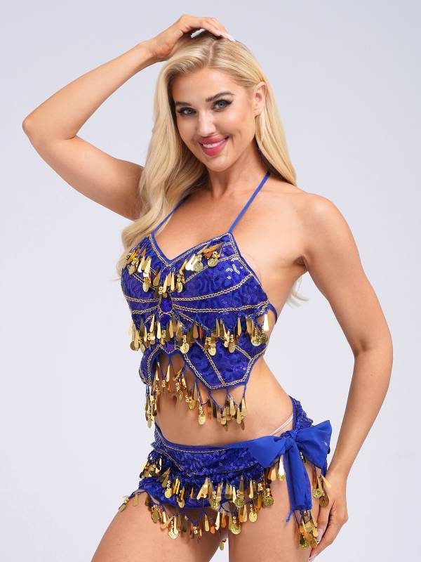 Women Belly Dance Outfit Sequins Camisole Top and Plastic Beads Tassels Skirt thumb