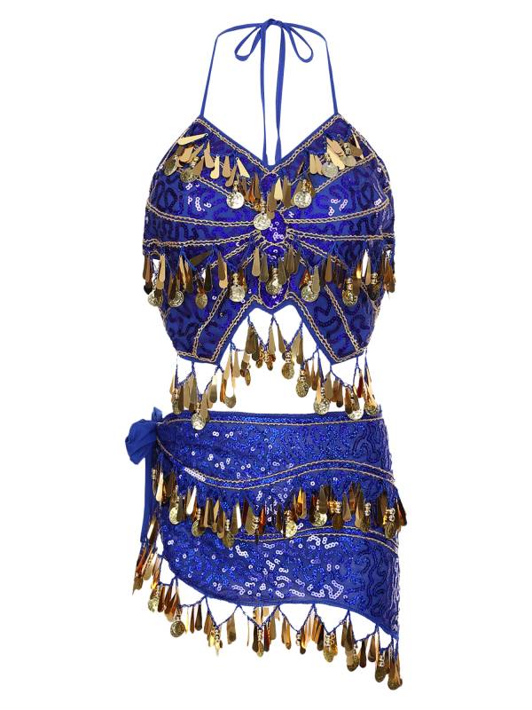 Women Belly Dance Outfit Sequins Camisole Top and Plastic Beads Tassels Skirt thumb