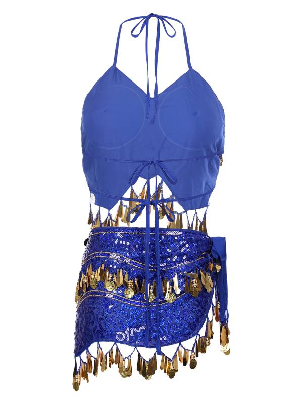 Women Belly Dance Outfit Sequins Camisole Top and Plastic Beads Tassels Skirt thumb