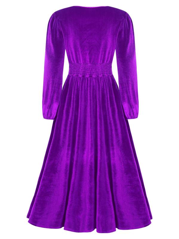 Women Long Sleeve V-neck Solid Color Velvet A-line Cocktail Dress thumb