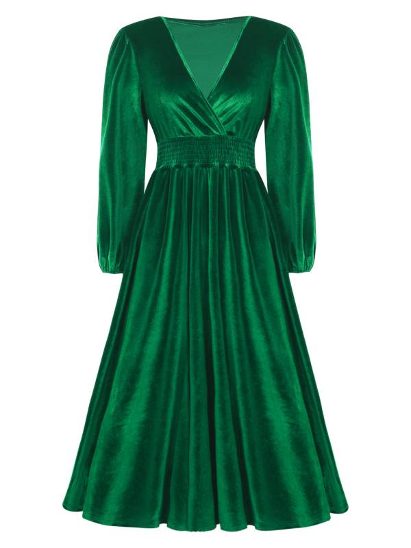 Women Long Sleeve V-neck Solid Color Velvet A-line Cocktail Dress thumb