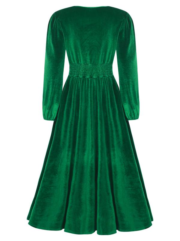 Women Long Sleeve V-neck Solid Color Velvet A-line Cocktail Dress thumb