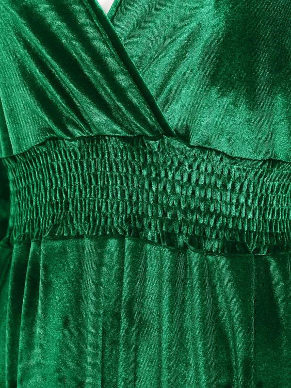 Women Long Sleeve V-neck Solid Color Velvet A-line Cocktail Dress thumb