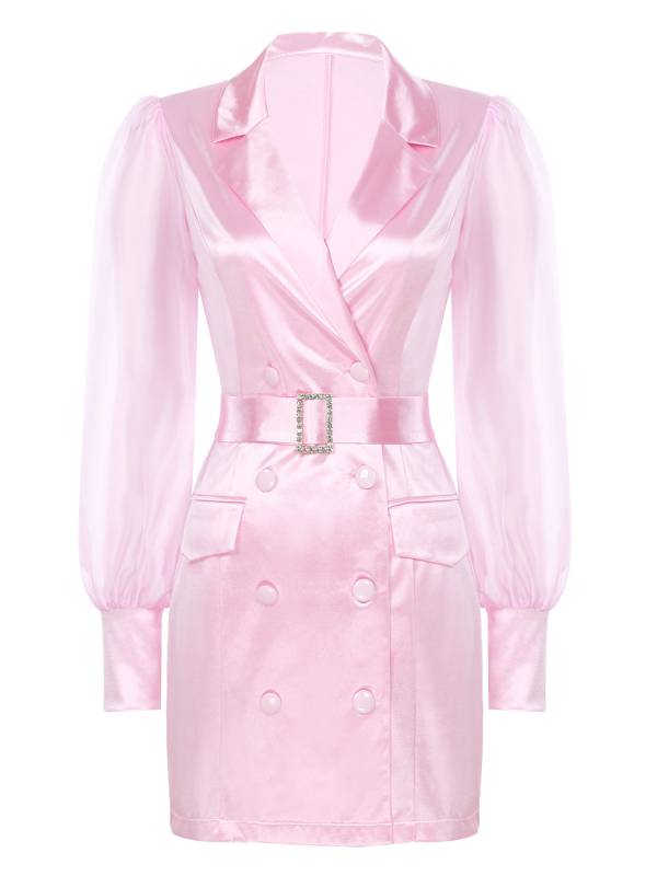 Women Long Sleeve Lapel V-neck Bodycon Suit Dress with Belt thumb