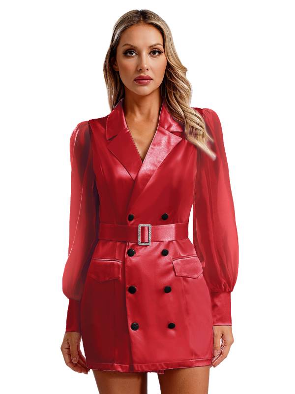 Women Long Sleeve Lapel V-neck Bodycon Suit Dress with Belt thumb